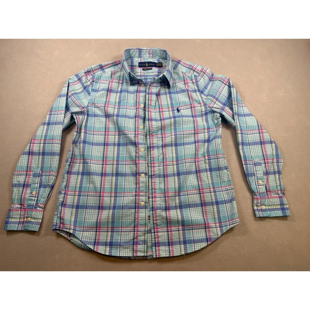 Ralph Lauren Boys Plaid Button Down Shirt Blue Pink Natural Stretch Size L 14-16